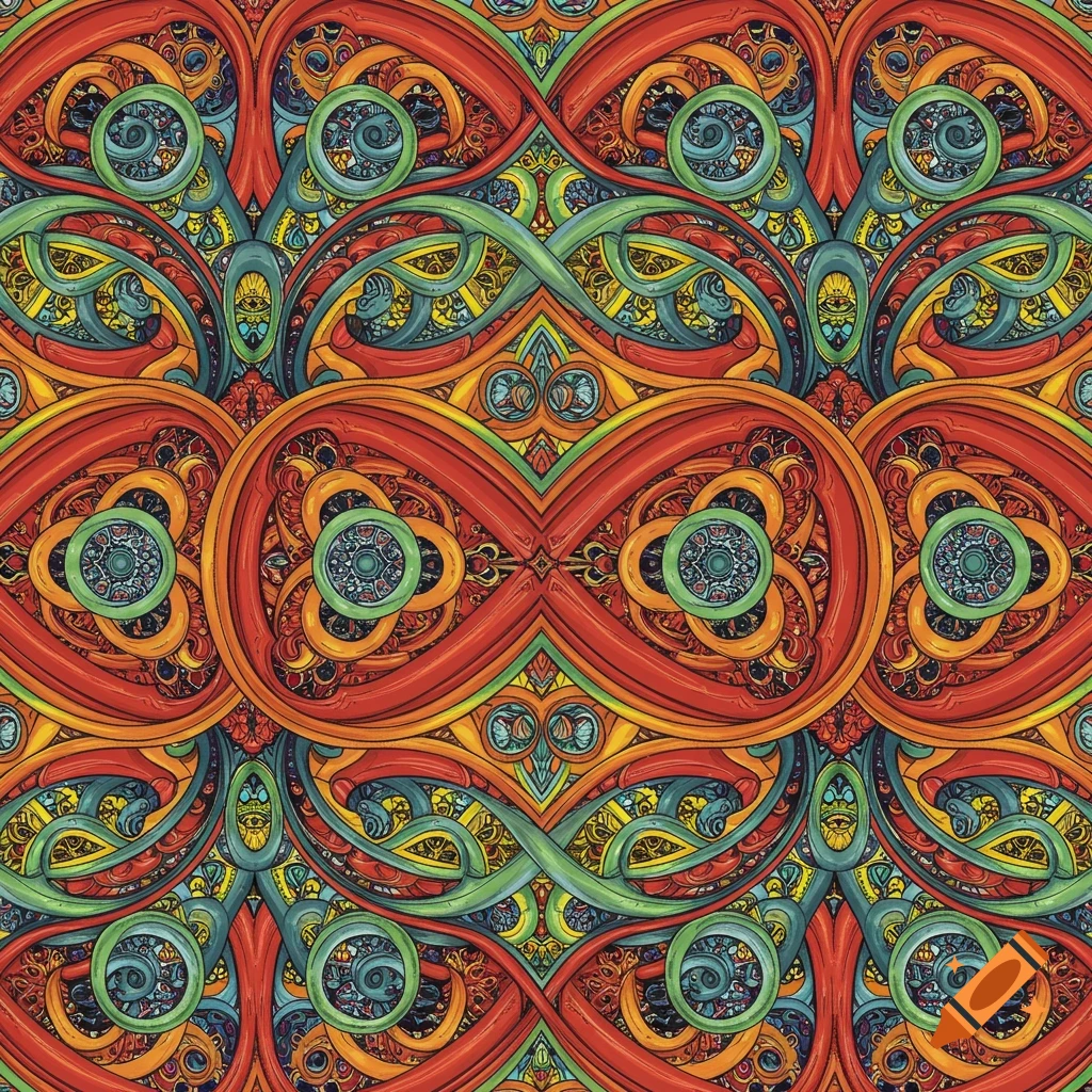 Vibrant, intricate ornamental pattern featuring interwoven red, orange, green, and blue flowing lines and shapes.