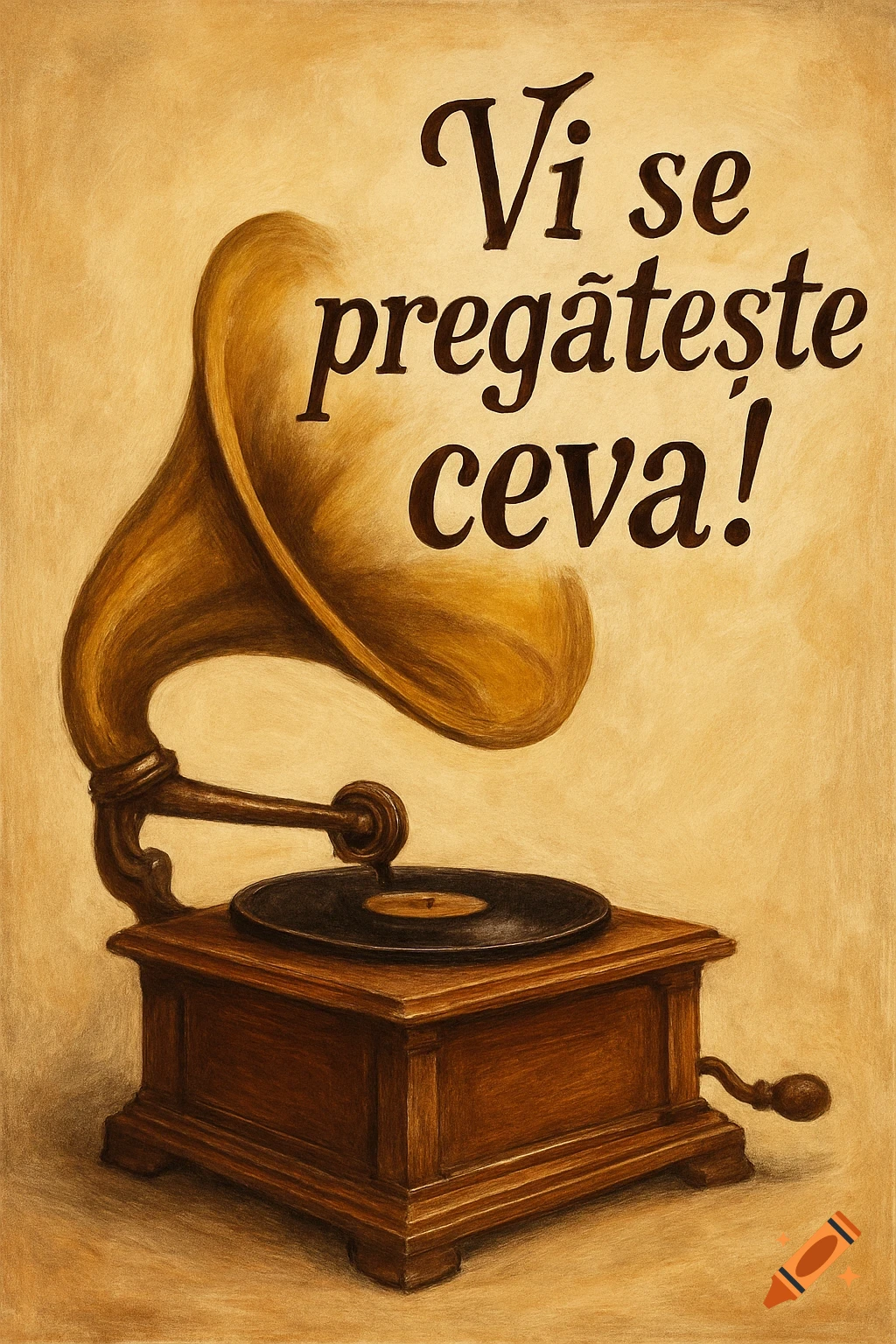 An old-fashioned gramophone with large, decorative text in Romanian that reads "Vi se pregateste ceva!" appearing to emerge from its horn, on a sepia-toned background.