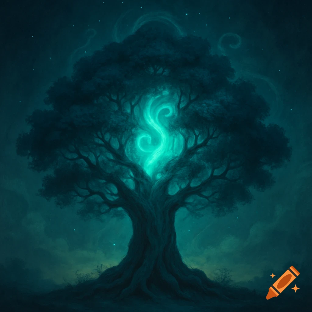 A dark mystical tree with a bright, swirling turquoise light at its center against a cloudy, starry night sky.