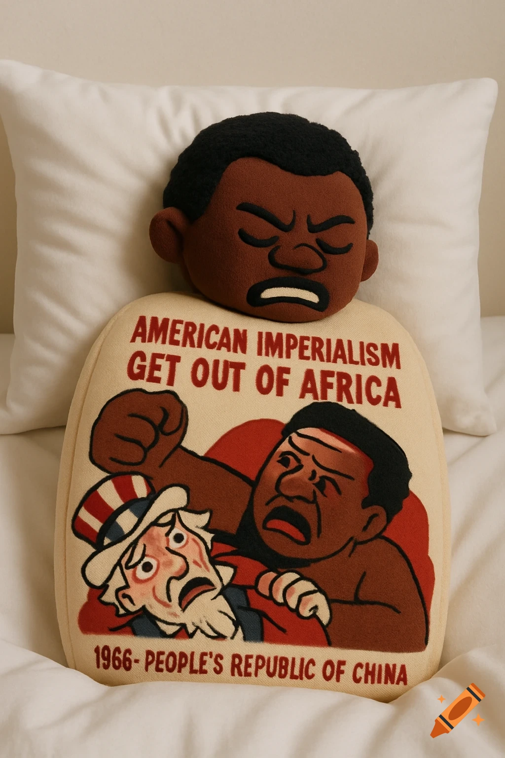A plushie depicting a Black man punching Uncle Sam, with text 'AMERICAN IMPERIALISM GET OUT OF AFRICA' and '1966- PEOPLE'S REPUBLIC OF CHINA'.
