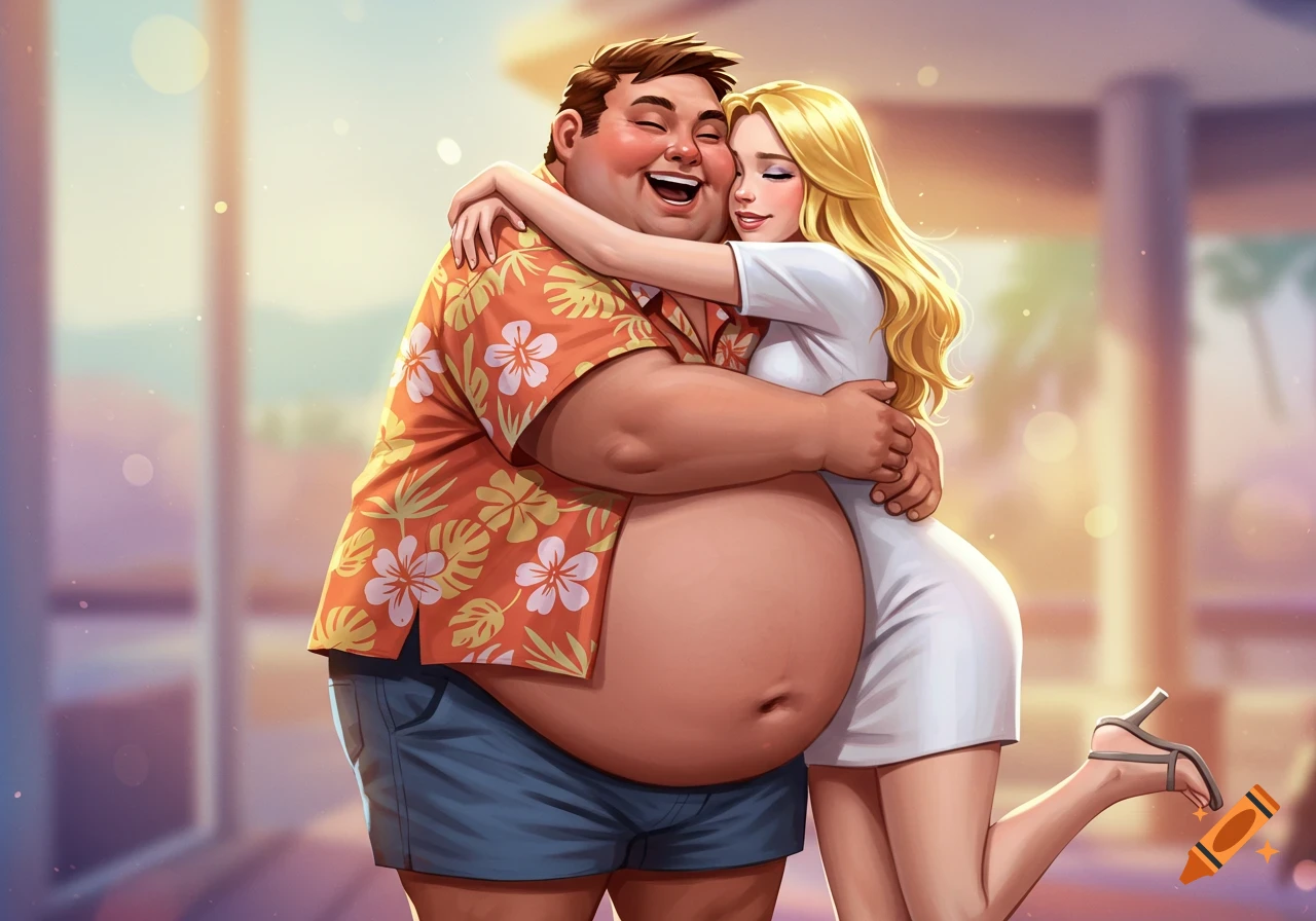 A cheerfully hugging cartoon couple, a man with a large belly in a Hawaiian shirt and a slim woman in a white dress, against a bright background.