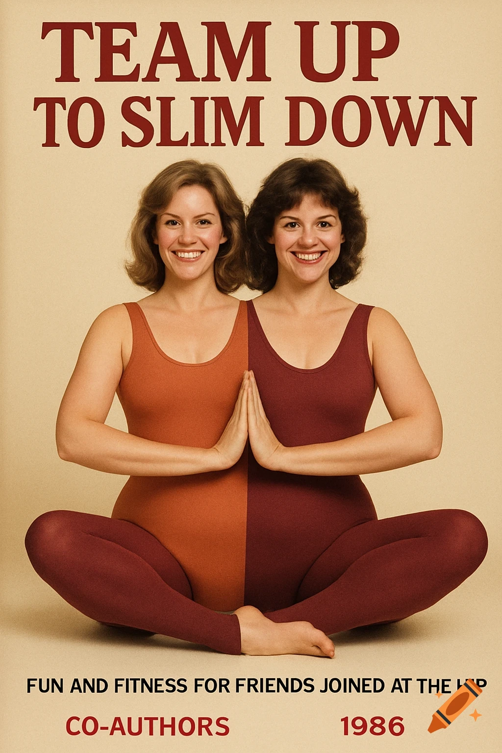 Two women in a yoga pose, merged as one body with two heads, in a two-tone leotard, for an exercise book cover.