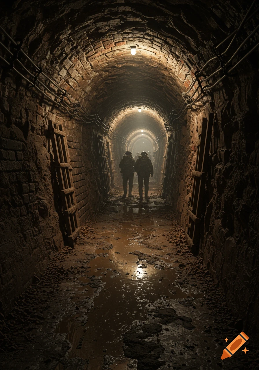Two figures walk through a dark, muddy brick tunnel illuminated by overhead lights, with water puddles on the ground. Photorealistic.