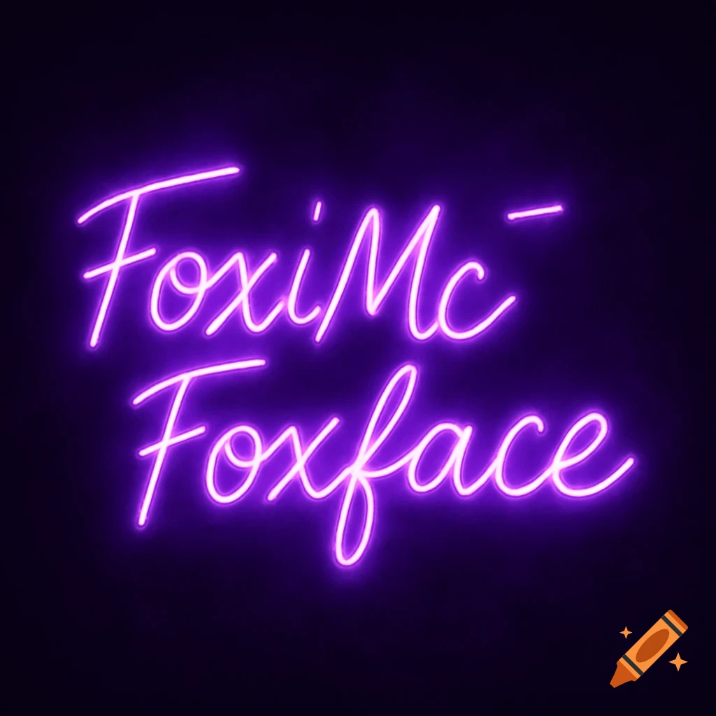 Purple neon sign displaying the name FoxiMcFoxface on a dark background.