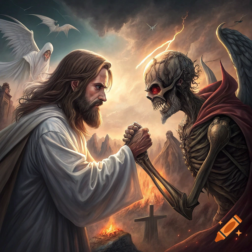 Jesus Christ and Death (a skeleton) arm wrestle under a stormy sky, with angels and a cross in a dark, realistic style.