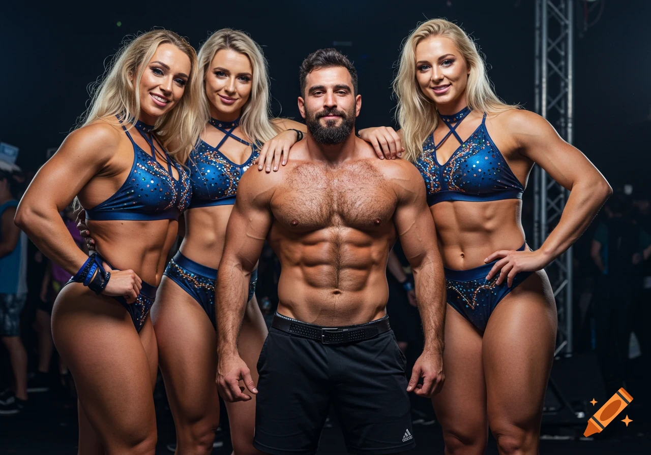 A muscular man with a beard stands with three muscular blonde women in blue sparkly athletic outfits in a dark setting.