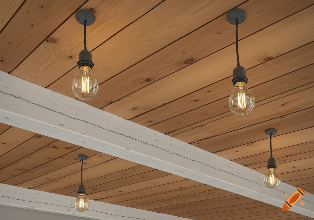 Vintage-style light bulbs hanging from a wooden ceiling with white beams, photorealistic.