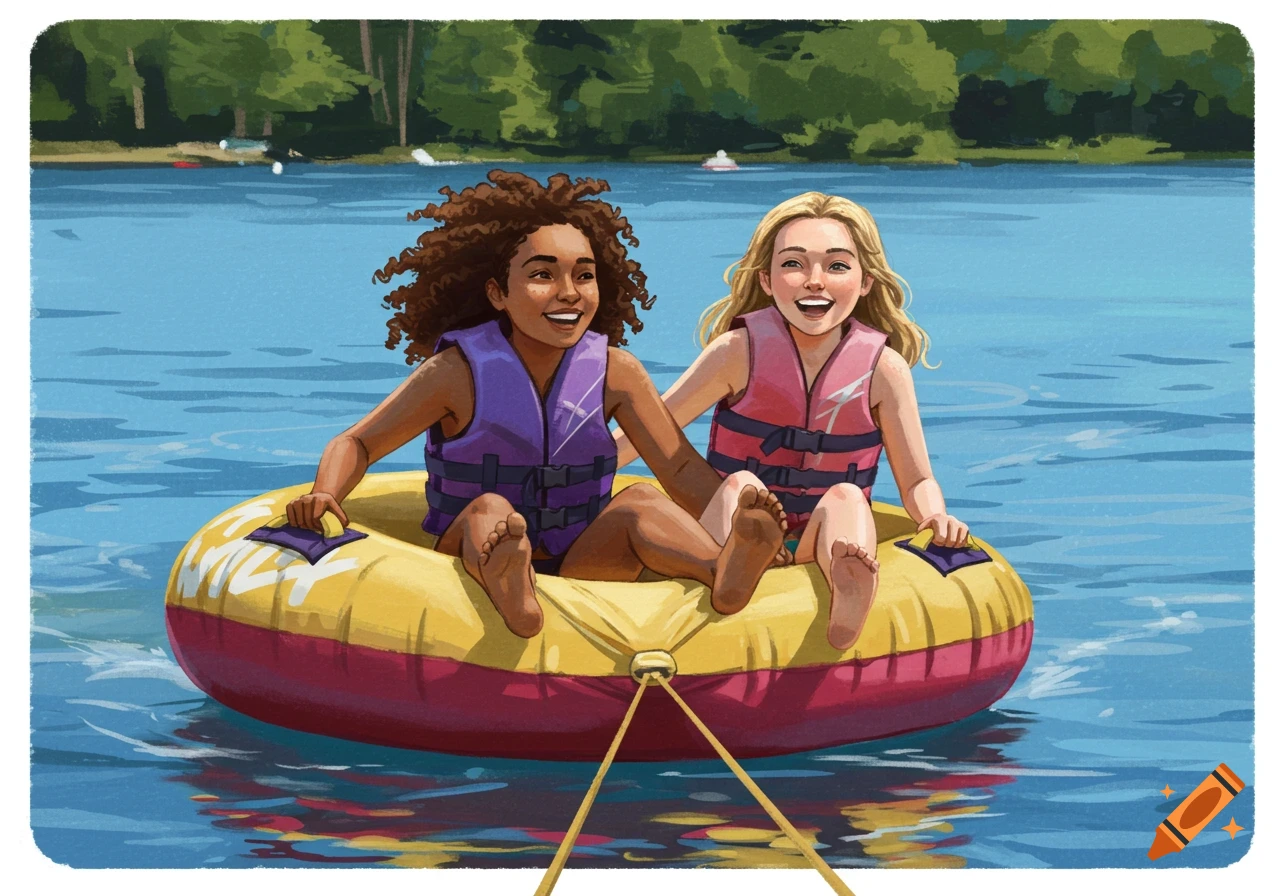 A watercolor drawing of two smiling young women in life jackets riding a yellow and red water tube on a blue lake, with trees in the background.