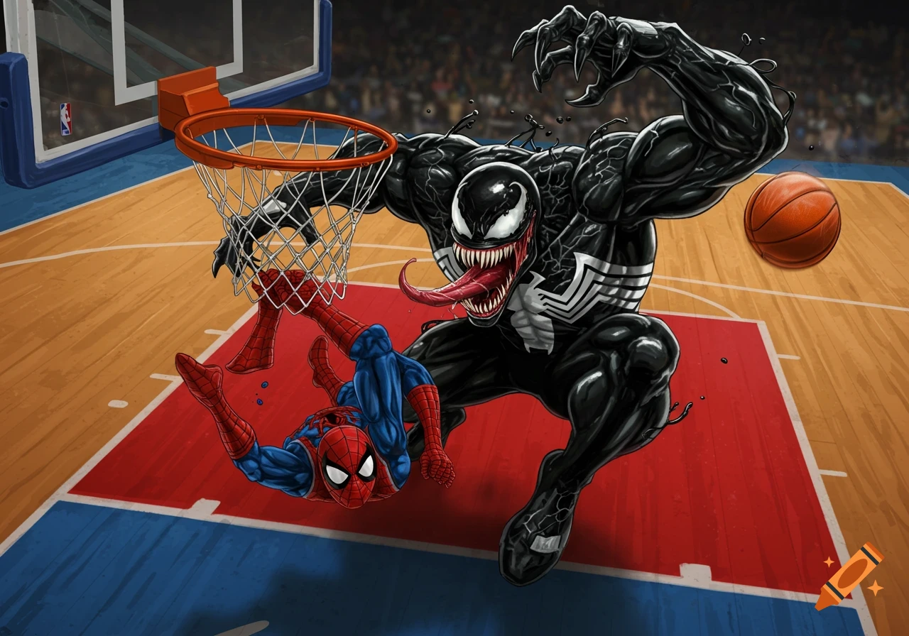 Venom dunks a basketball over Spider-Man on a court in a comic book art style.
