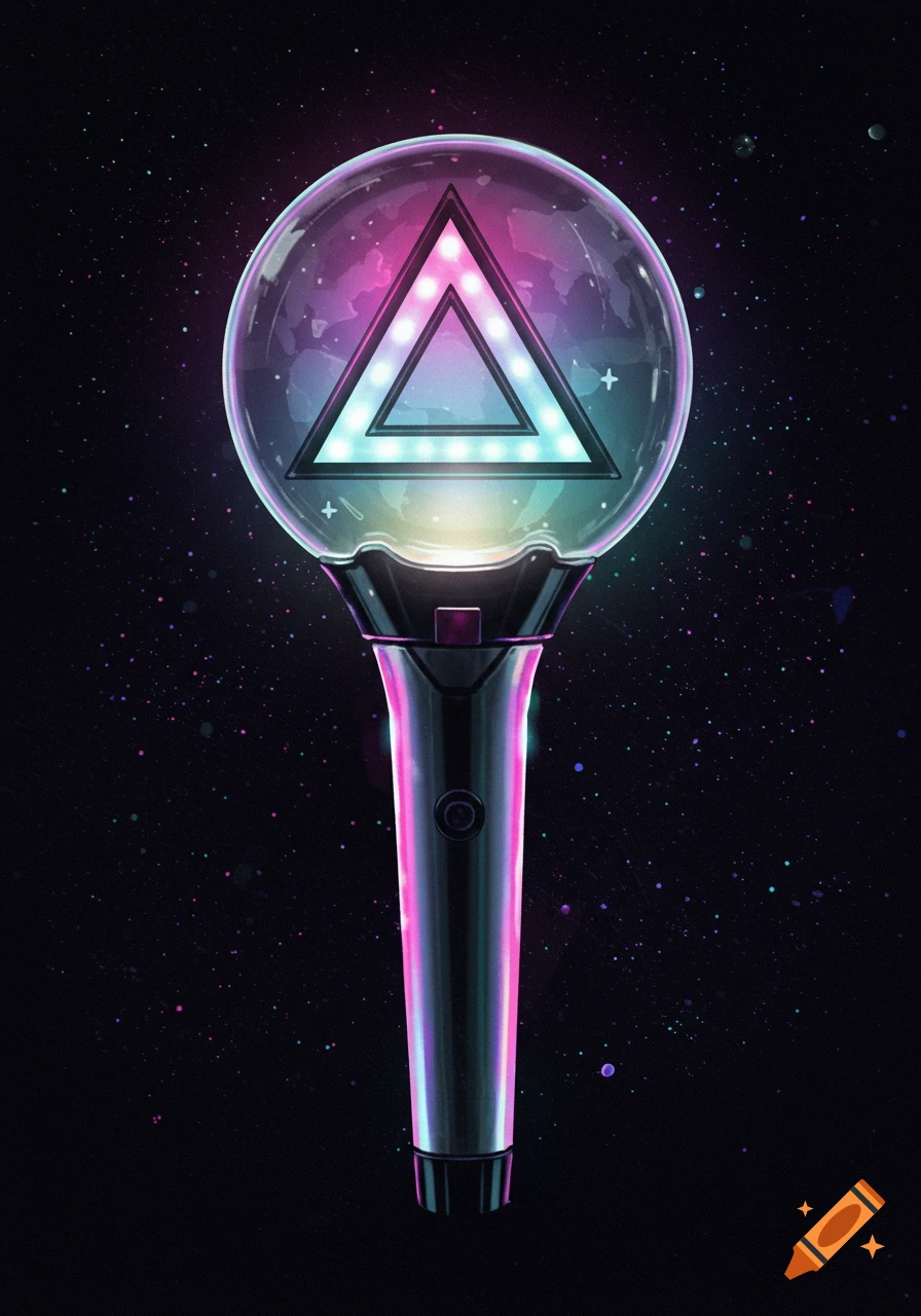 A glowing Kpop lightstick with a transparent globe containing a neon triangle, set against a dark starry space background.