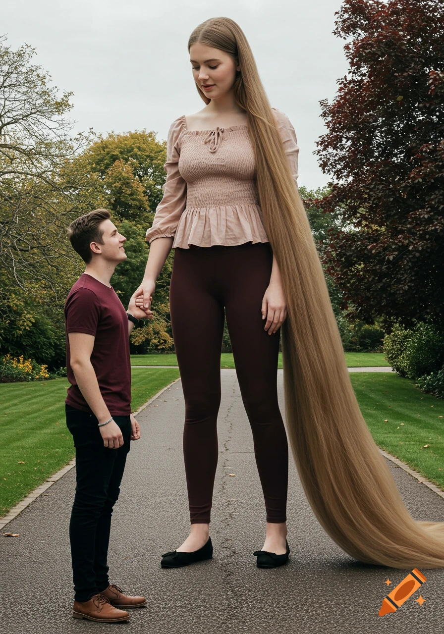 A photorealistic image of a towering giantess woman with long hair holding hands with her normal-sized boyfriend on a park path.