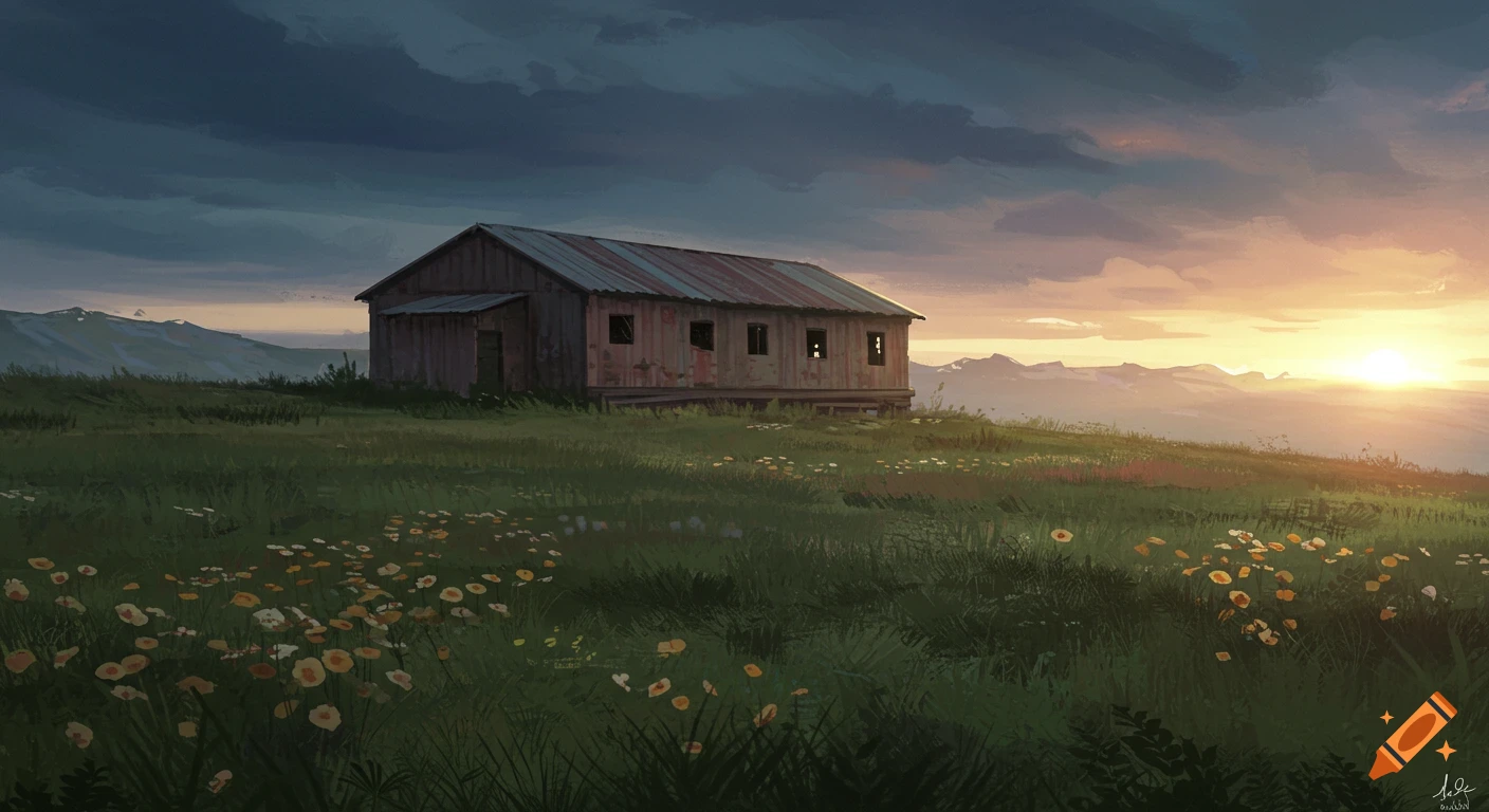 An old wooden house stands in a field of green grass and wildflowers ...