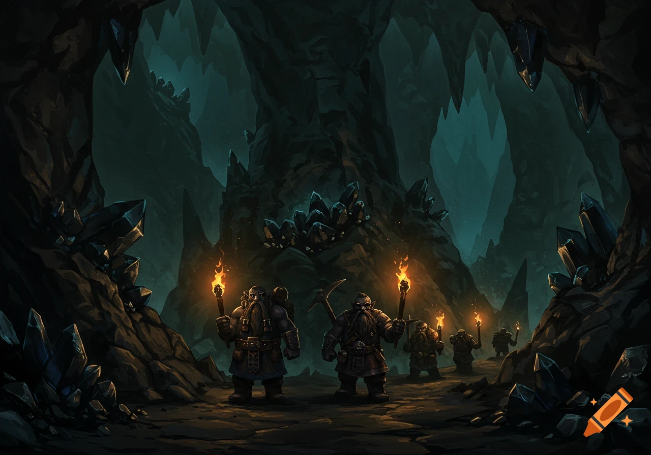 A group of dark dwarves with torches exploring a crystal-filled cavern.