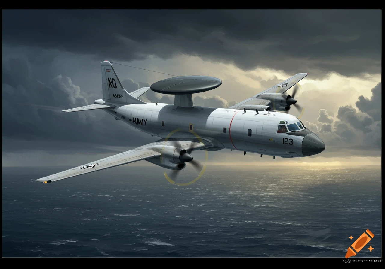 A photorealistic P-3 Orion military aircraft flying low over a dark, choppy ocean under a dramatic, cloudy sky.