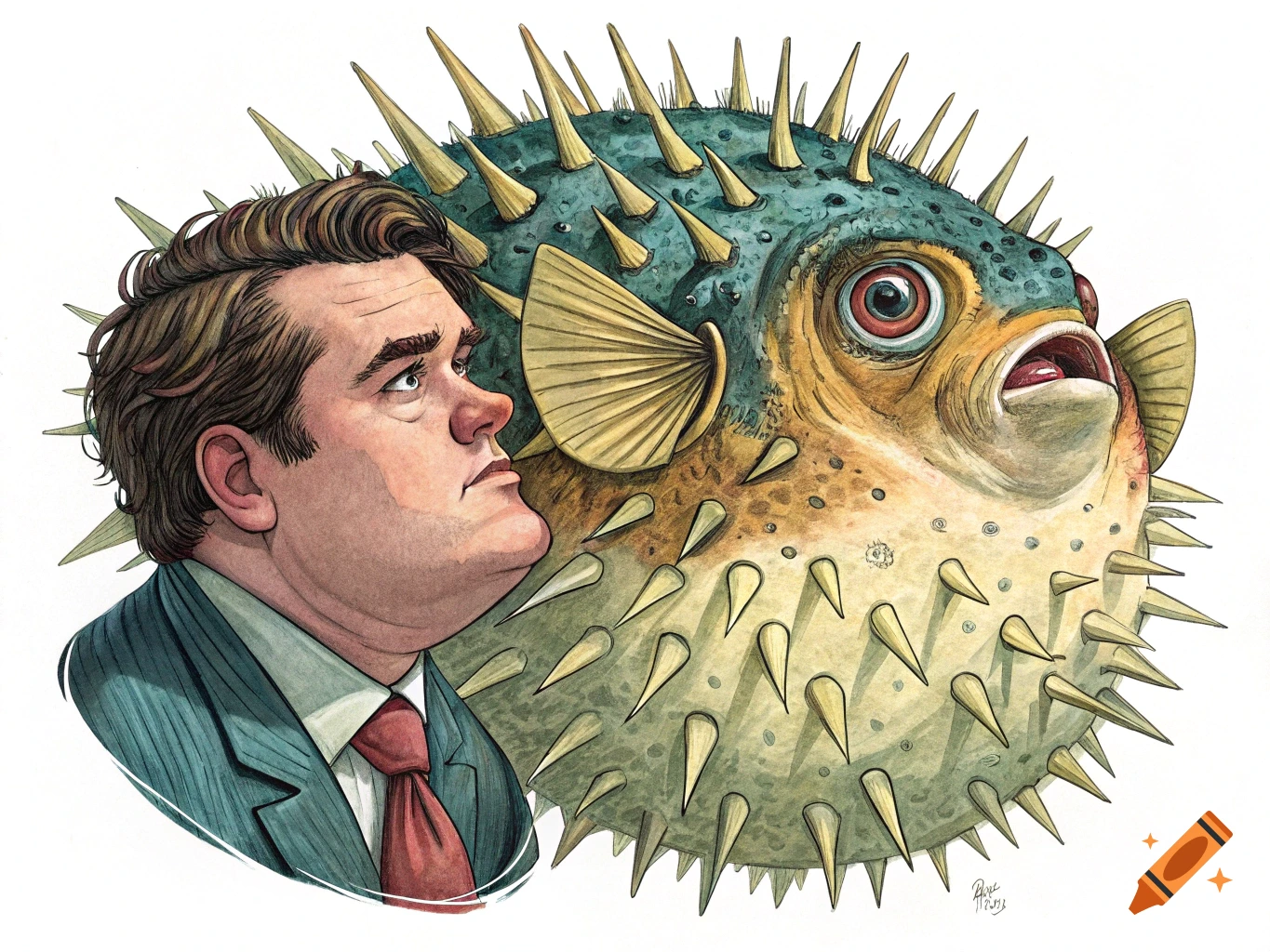 A caricature illustration of a man in a suit looking up at a large, spiky pufferfish.