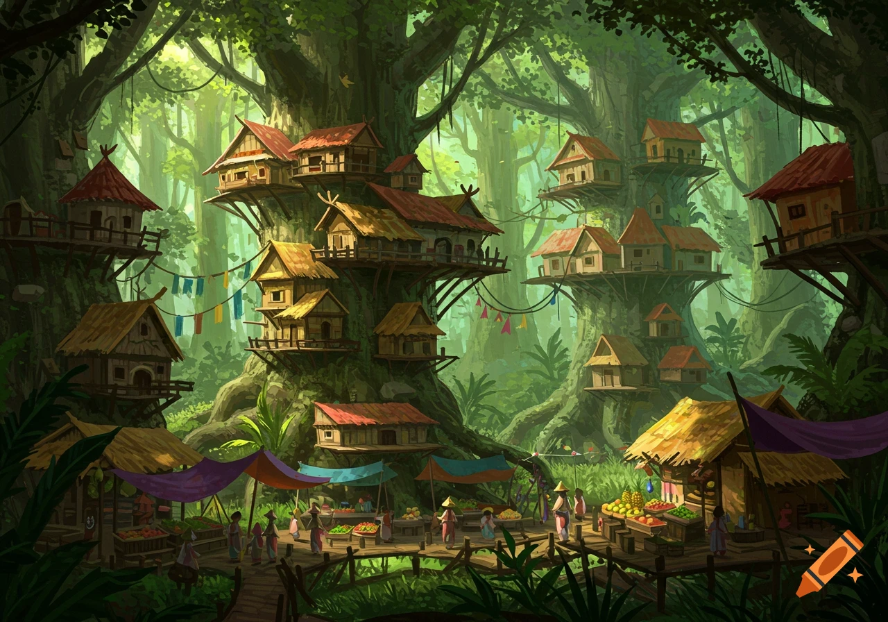 A vibrant digital painting of a rainforest village with houses built in trees and a bustling market below.