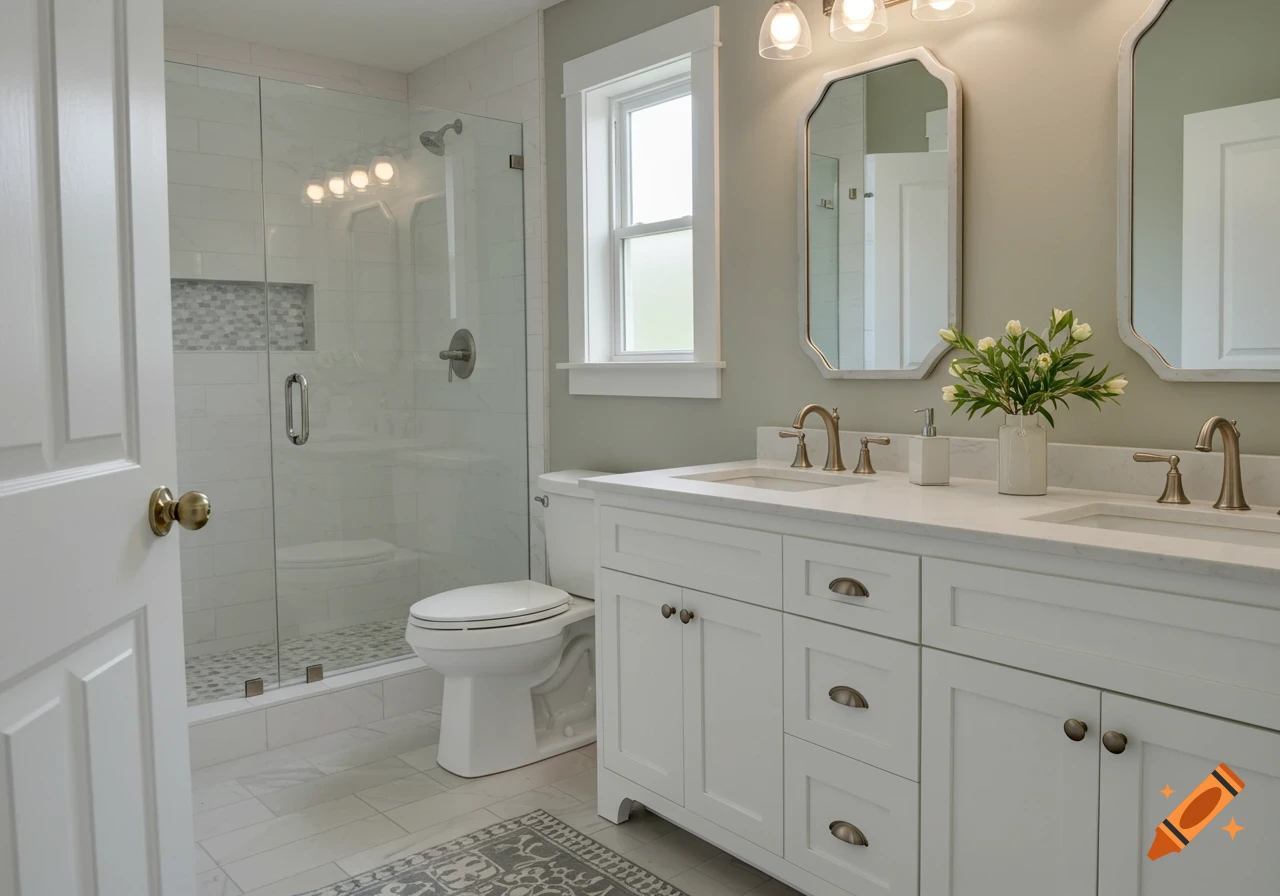 A bright, modern bathroom featuring a glass shower, toilet, and a double vanity with white cabinets and brass fixtures.