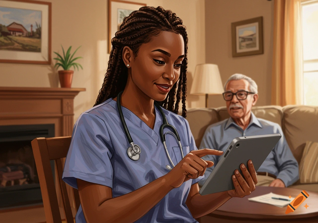 A nurse with braids uses a tablet with an elderly man sitting on a couch in the background. The scene suggests home healthcare or telemedicine.