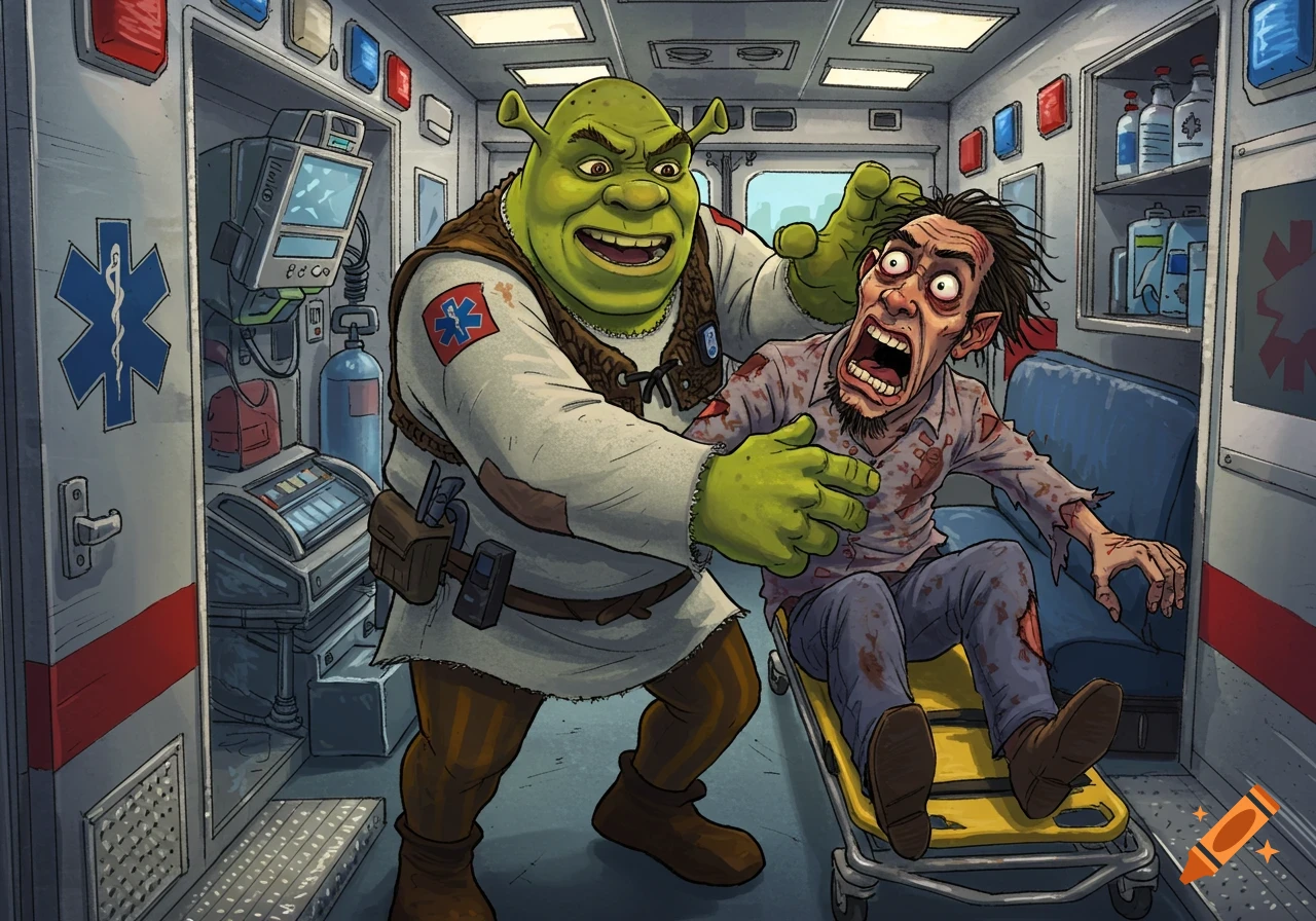 Cartoon Shrek in an EMT uniform grappling with a panicked, injured patient on a stretcher inside an ambulance.