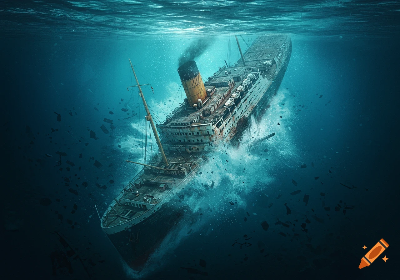A large, damaged ship sinking into a deep blue ocean, surrounded by debris.