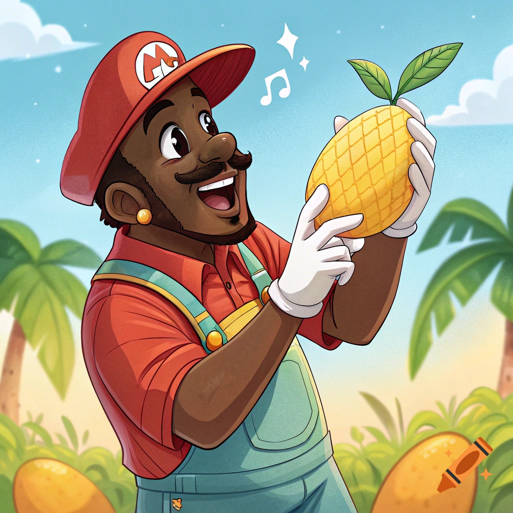 A cartoon character resembling Mario with dark skin and a mustache holds a yellow fruit in a tropical setting. Cartoon style.