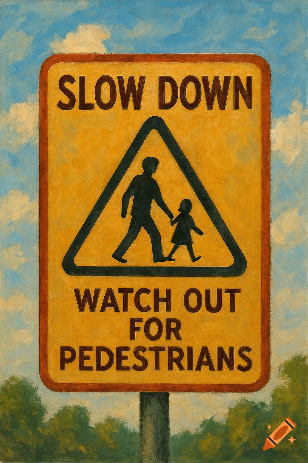 A yellow and orange road sign painted in a rustic style, reading "SLOW DOWN WATCH OUT FOR PEDESTRIANS" with a silhouette of an adult and child.