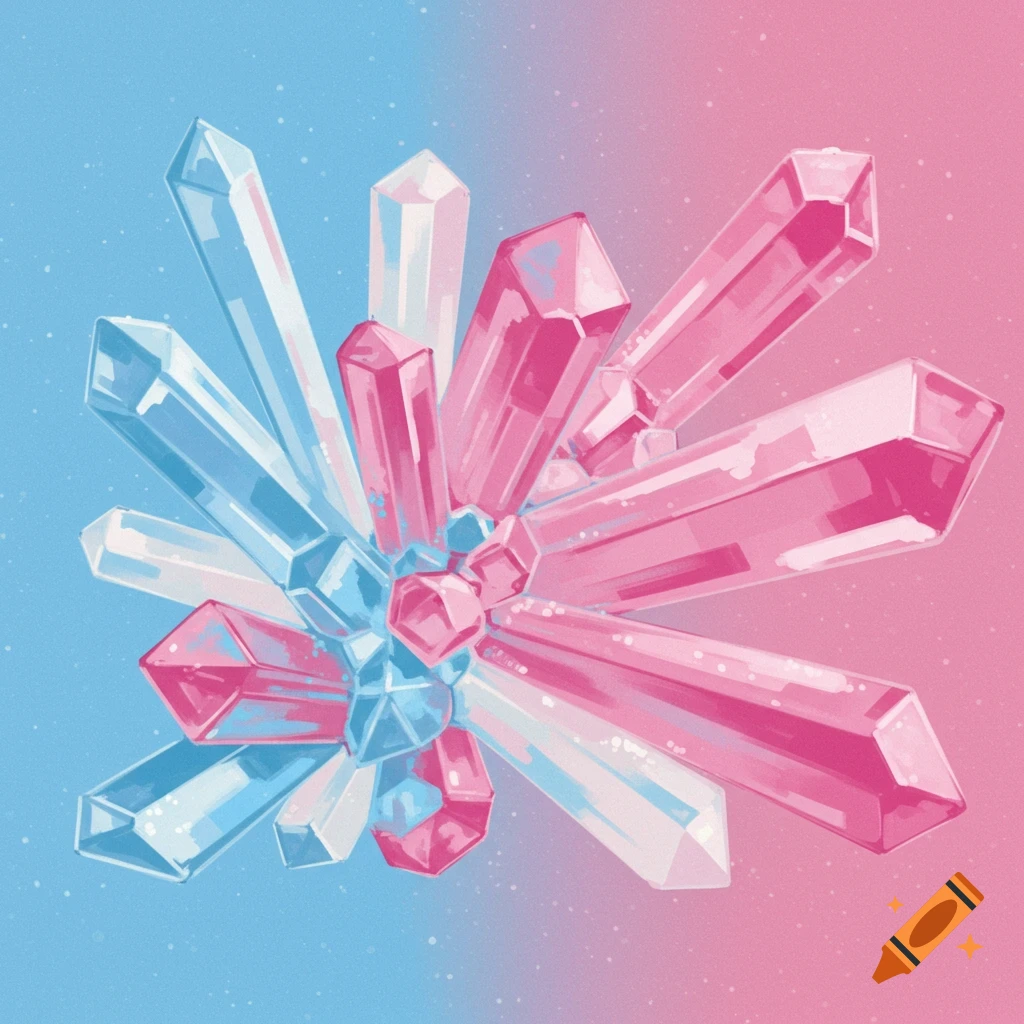 A cluster of blue, pink, and white crystals resembling rock candy, set against a gradient background of blue and pink.
