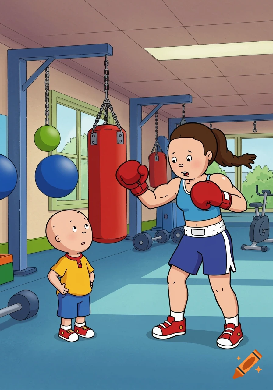 A cartoon image of Caillou watching a female boxer train in a gym.