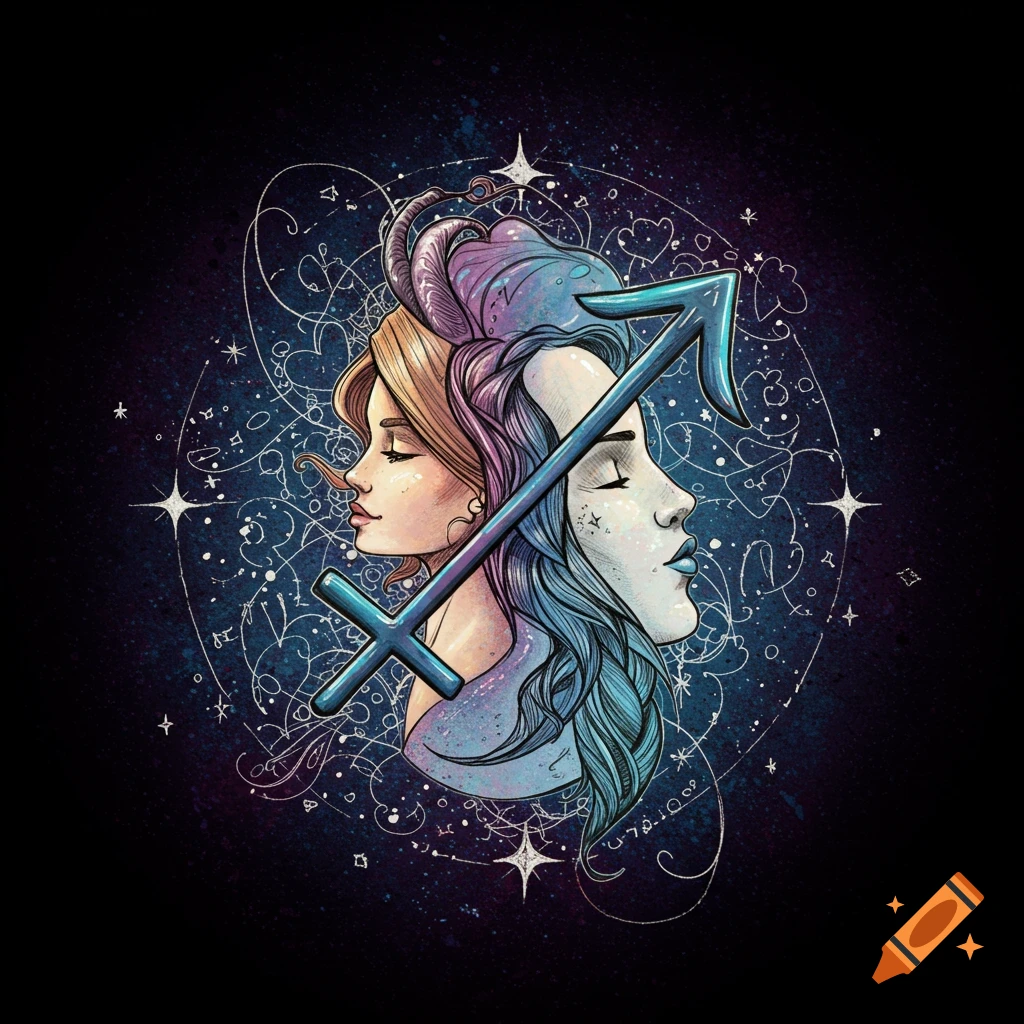 Stylized tattoo design depicting two women's profiles representing Gemini and Sagittarius zodiac signs, on a starry background.