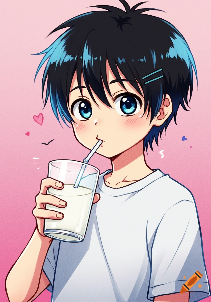 An anime boy with black hair and blue highlights drinks milk through a straw, against a pink background.