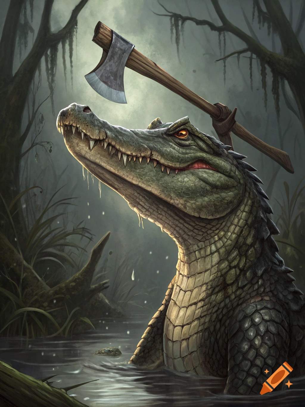 An angry alligator with a large axe embedded in its head stares up from a misty, dark swamp.