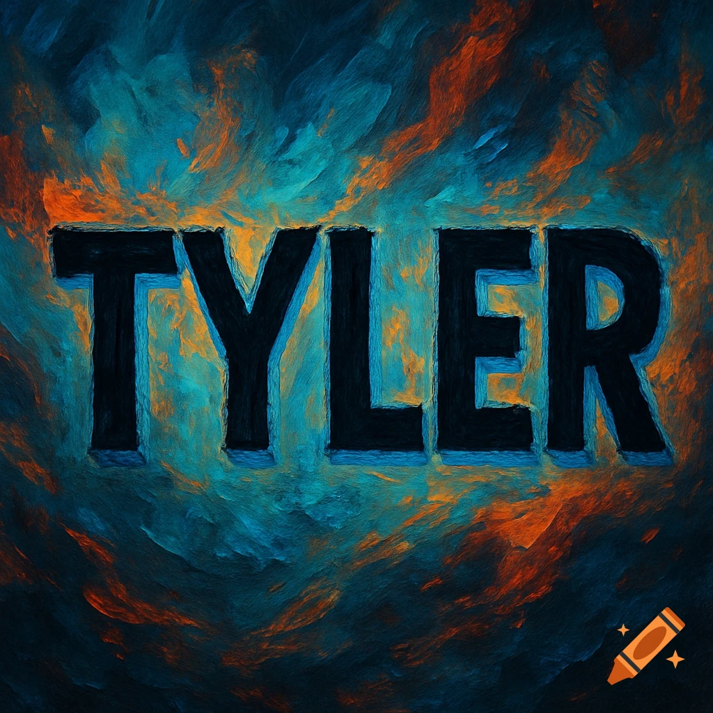 The name TYLER in bold black letters with blue highlights against a vibrant abstract background of blue and orange swirls.