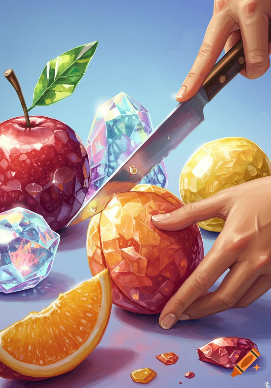 Vibrant stylized image of hands cutting a faceted crystal orange with a knife, surrounded by a crystal apple, and other crystal fruits.