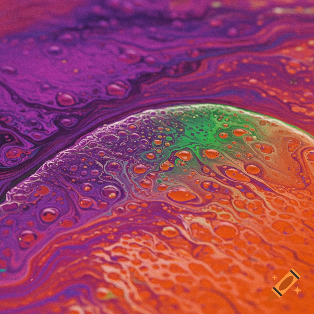 Abstract macro photo of swirling vibrant purple, green, and orange liquids with bubbles.