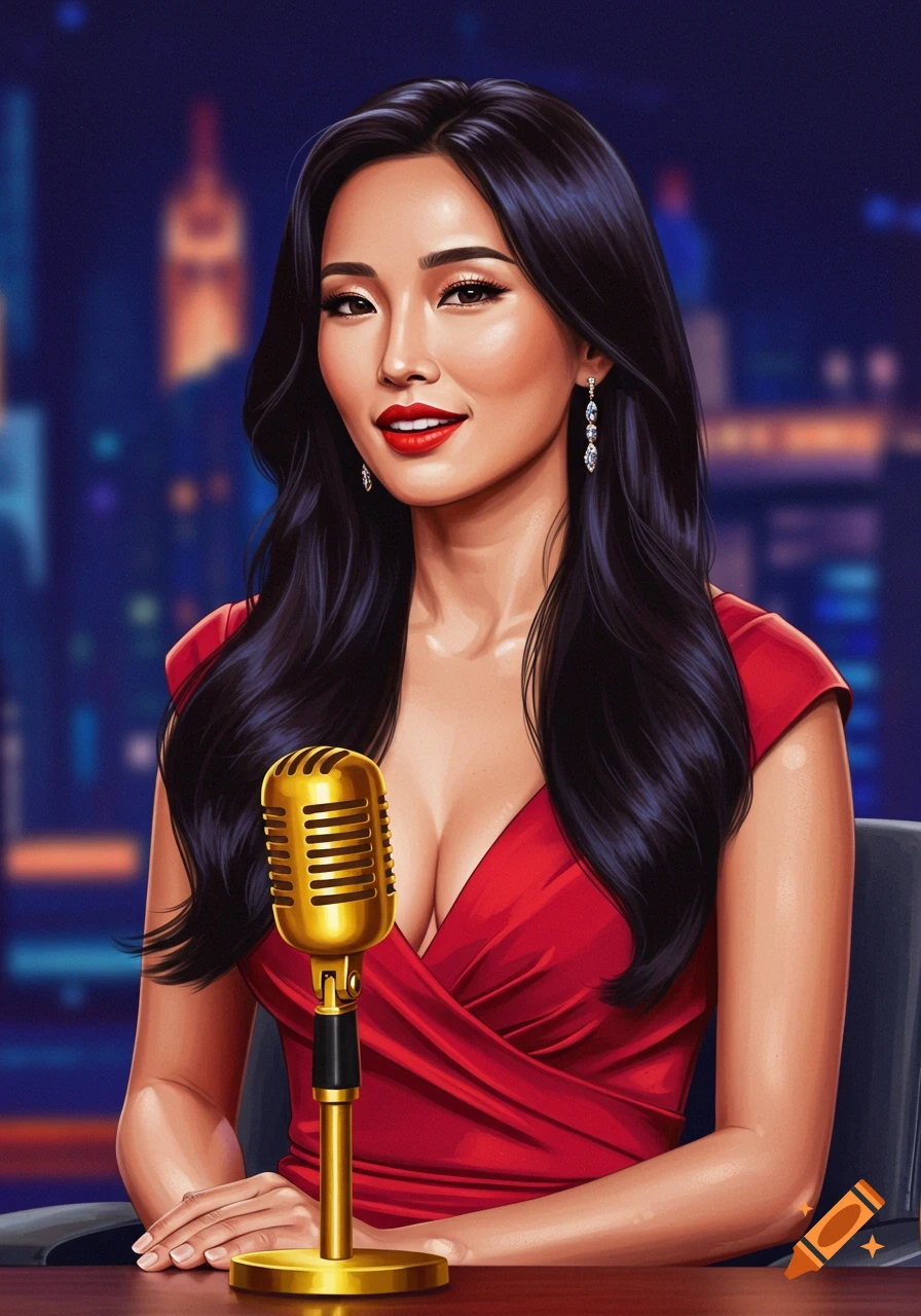 Stylized portrait of an Asian woman in a red dress with a gold microphone, against a blurred city night background.