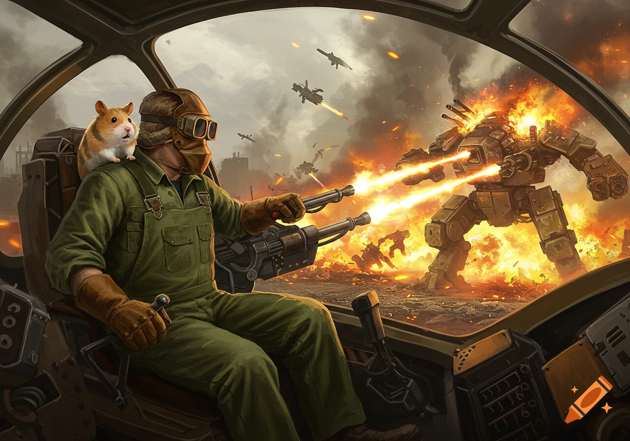 Digital painting of a mech pilot and a hamster in a cockpit, firing flamethrowers at an exploding enemy mech.