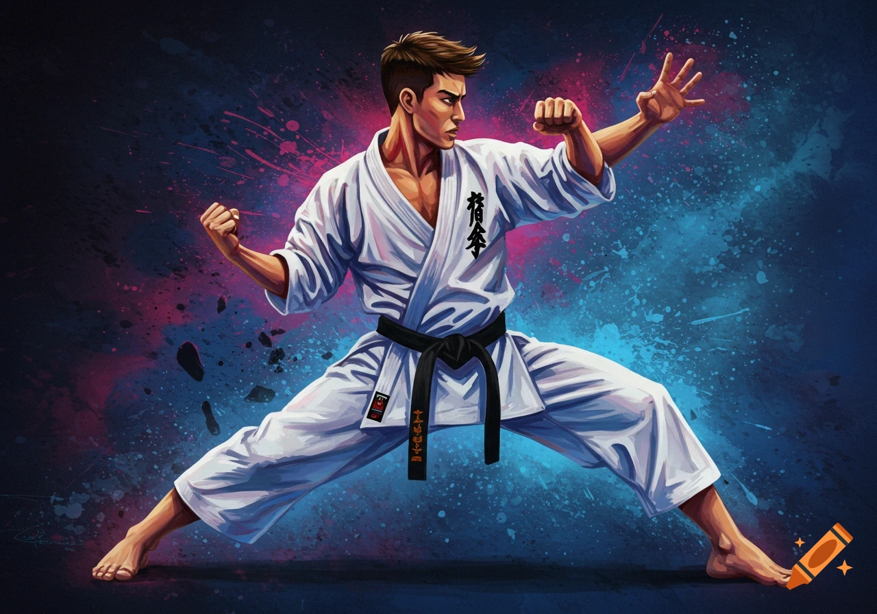 An illustration of a male martial artist in a white gi and black belt performing a wide stance with fists raised against a blue and pink splattered background.