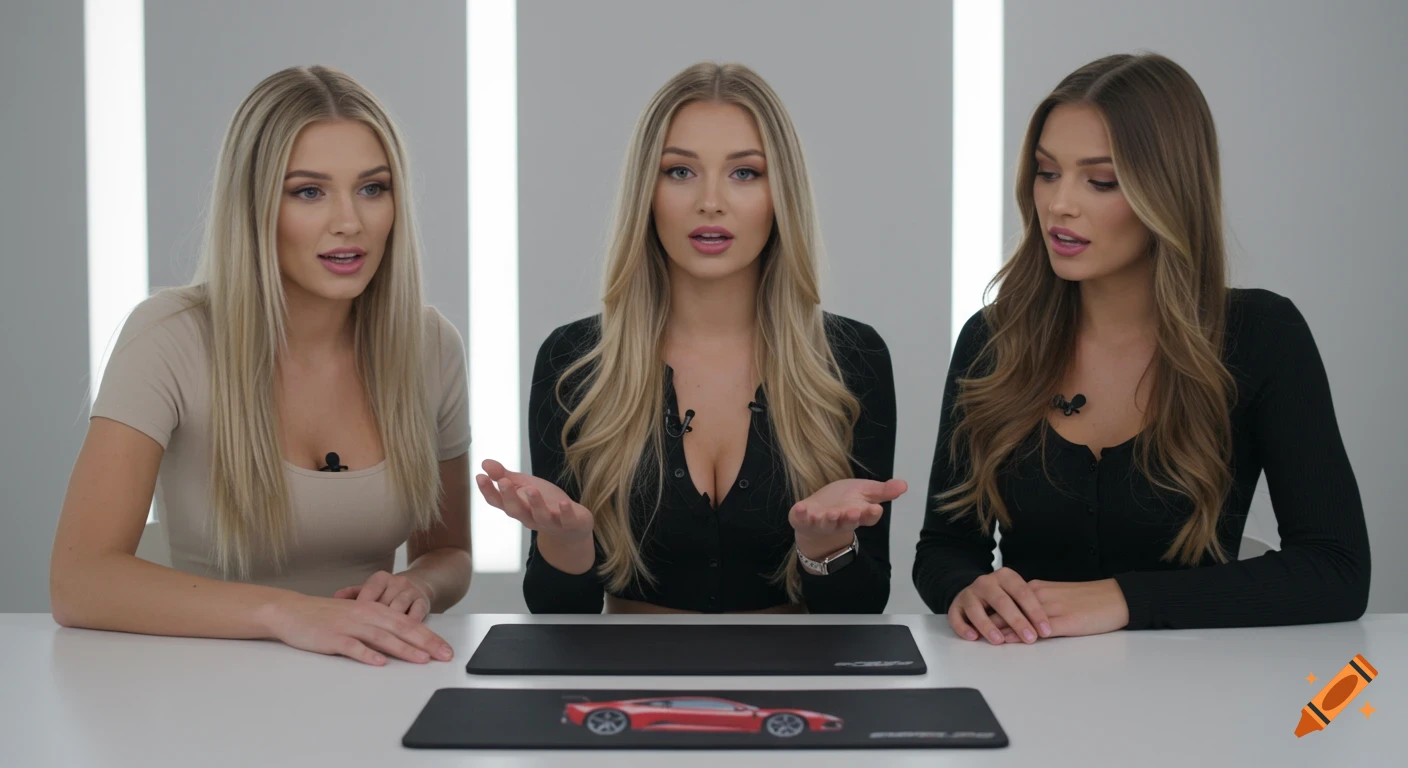 Three women seated at a table discussing a red sports car mouse pad and a black mouse pad, photorealistic.
