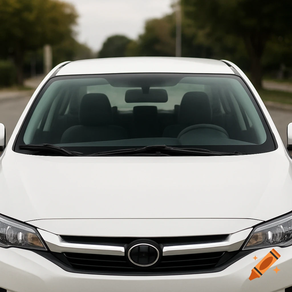 Front view of a white car parked on a street, focusing on the windshield.