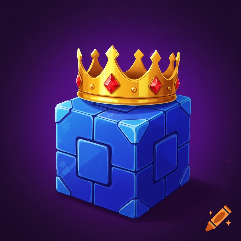 A stylized blue block cube with a golden crown adorned with red jewels on top, set against a dark purple background.