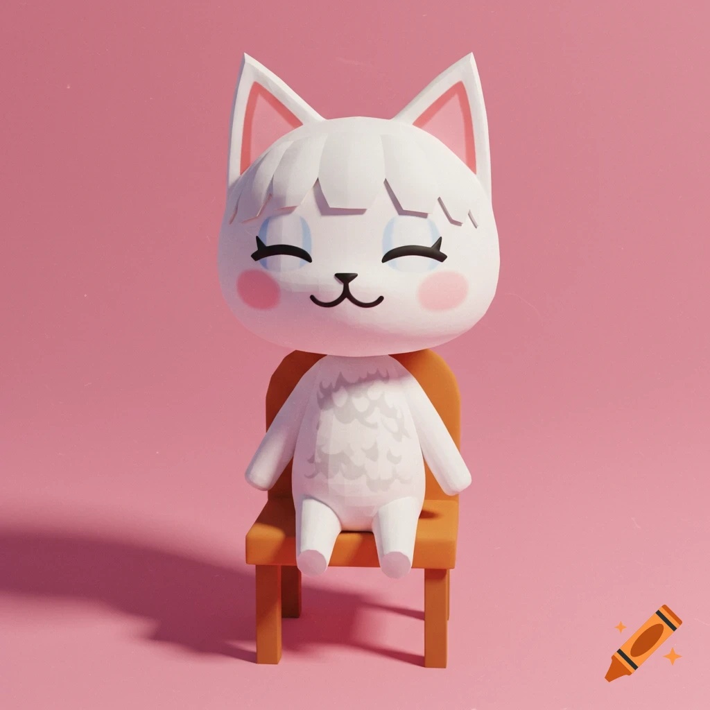 A white, low-poly cat character with a cute anime face and closed eyes, sitting on a small orange chair in a pink room.