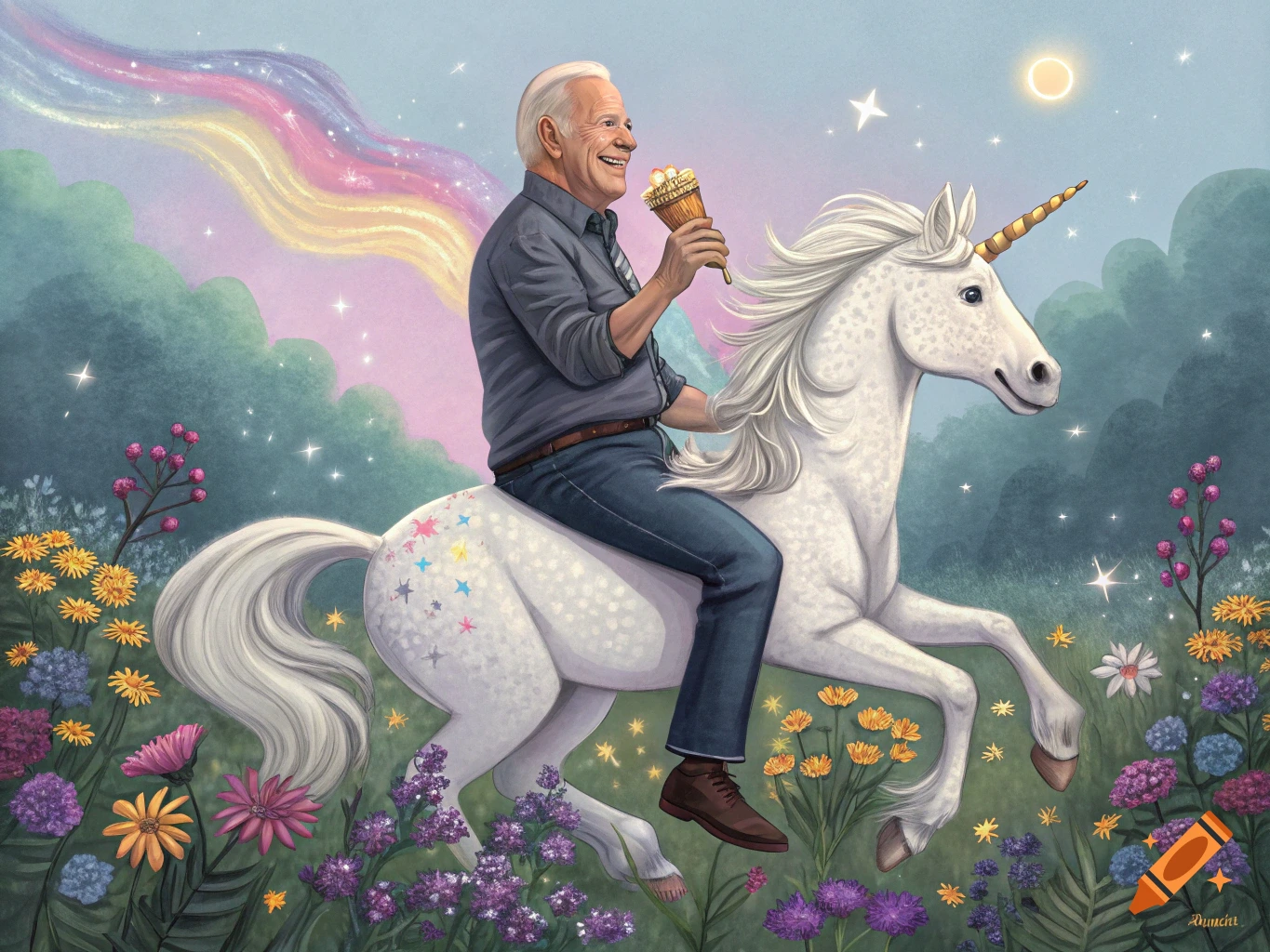 Joe Biden rides a white unicorn with rainbow stars on its hindquarters, holding an ice cream cone. A rainbow arches behind him in a whimsical, colorful field of flowers.
