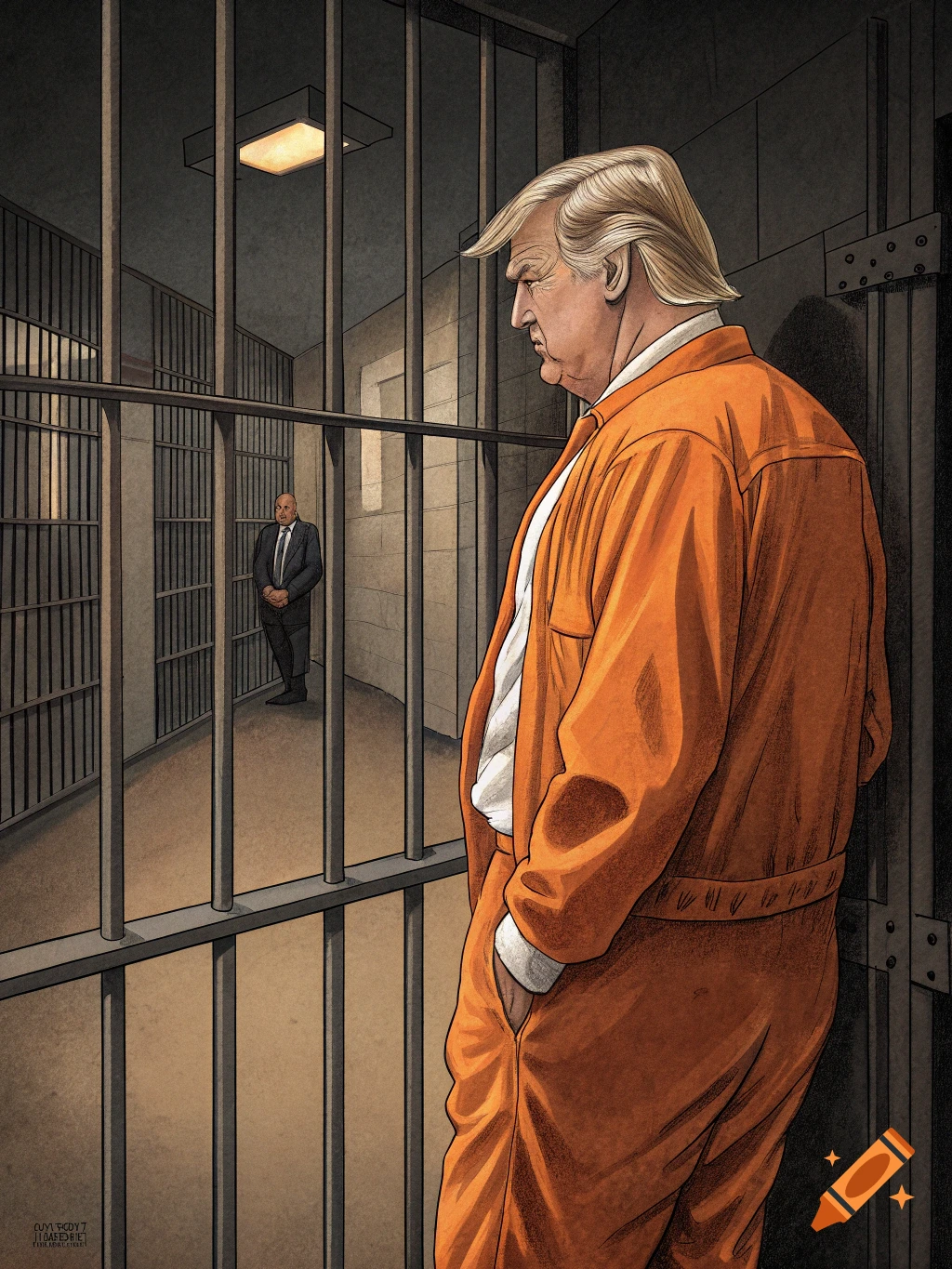 Illustration of Donald Trump in an orange prison jumpsuit looking out of a cell.
