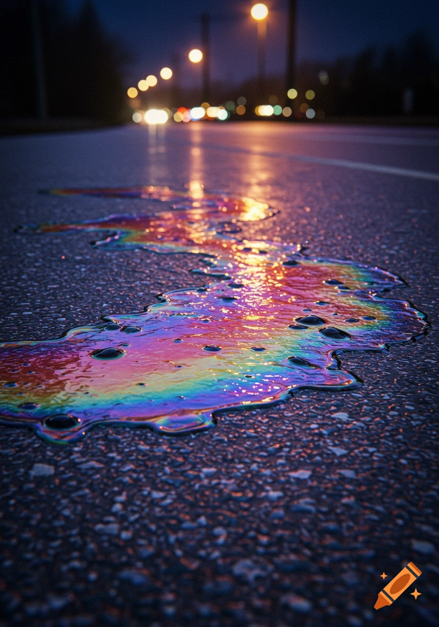 A colorful rainbow-like oil slick on a dark asphalt road at night with blurry streetlights and car lights in the background.