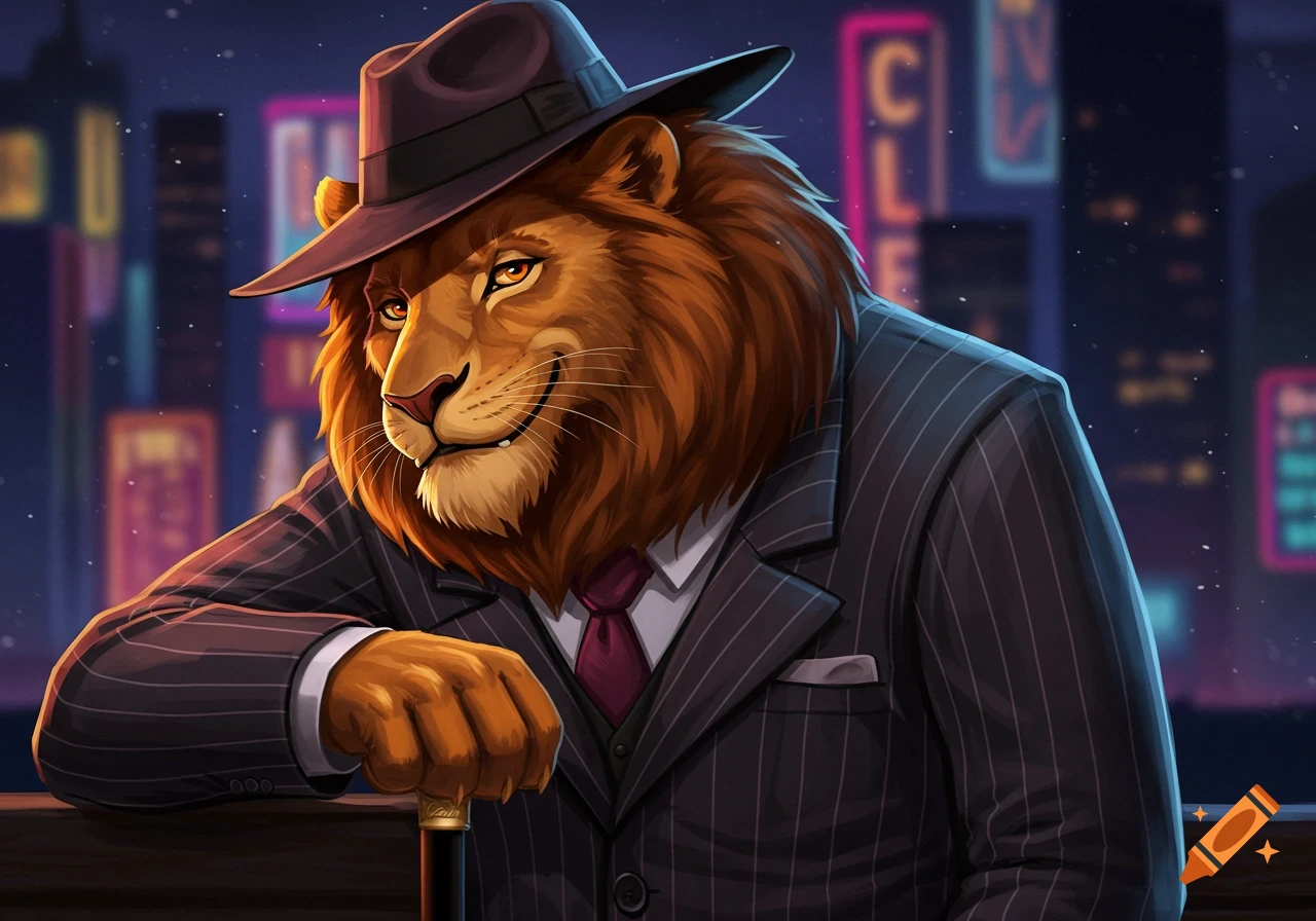 An anthropomorphic lion in a pinstripe suit and fedora leans on a railing in a neon-lit city at night, with a slight smile, holding a cane.
