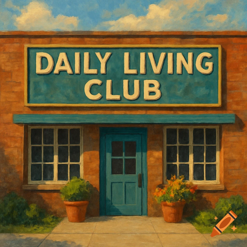 An oil painting of a brick building with a blue sign reading "DAILY LIVING CLUB" above a teal door and two windows. Potted plants sit outside.