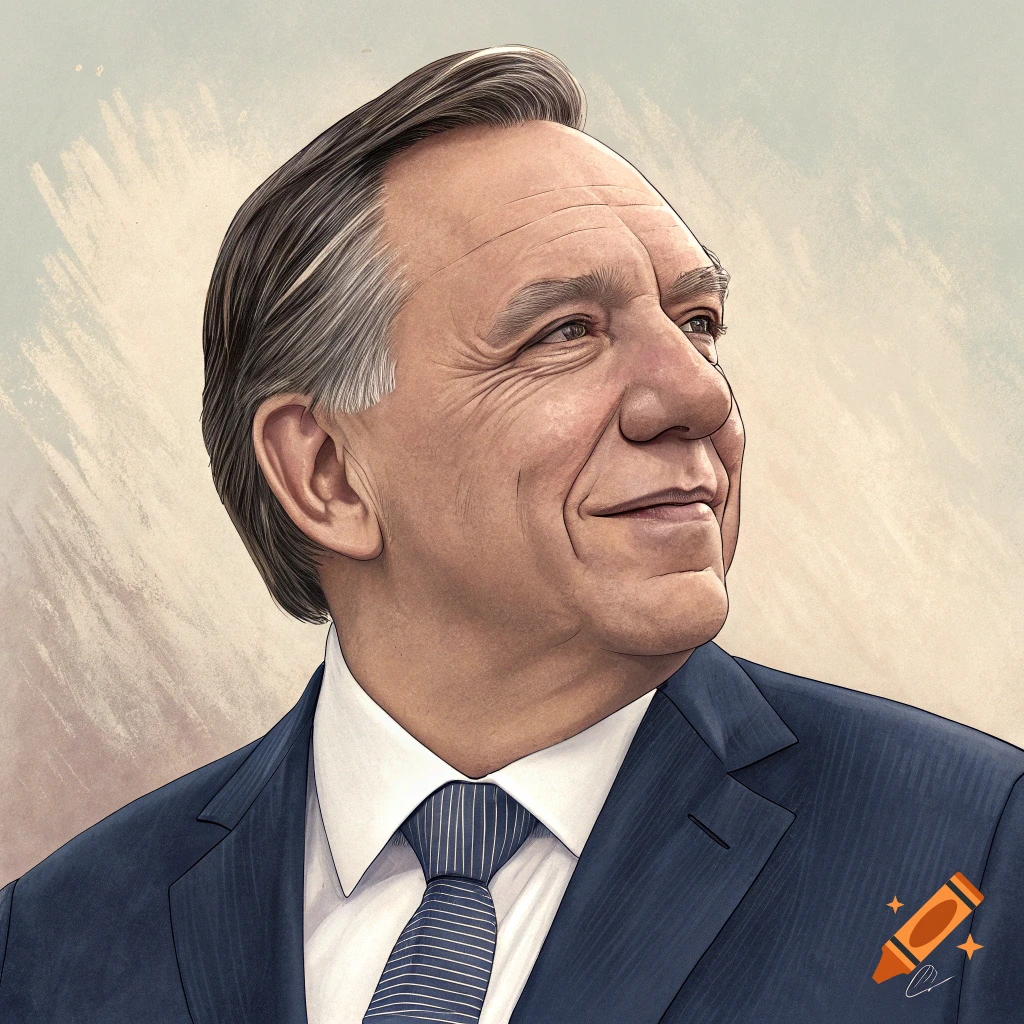 Stylized illustration portrait of a smiling man in a blue suit and striped tie, looking to the right.