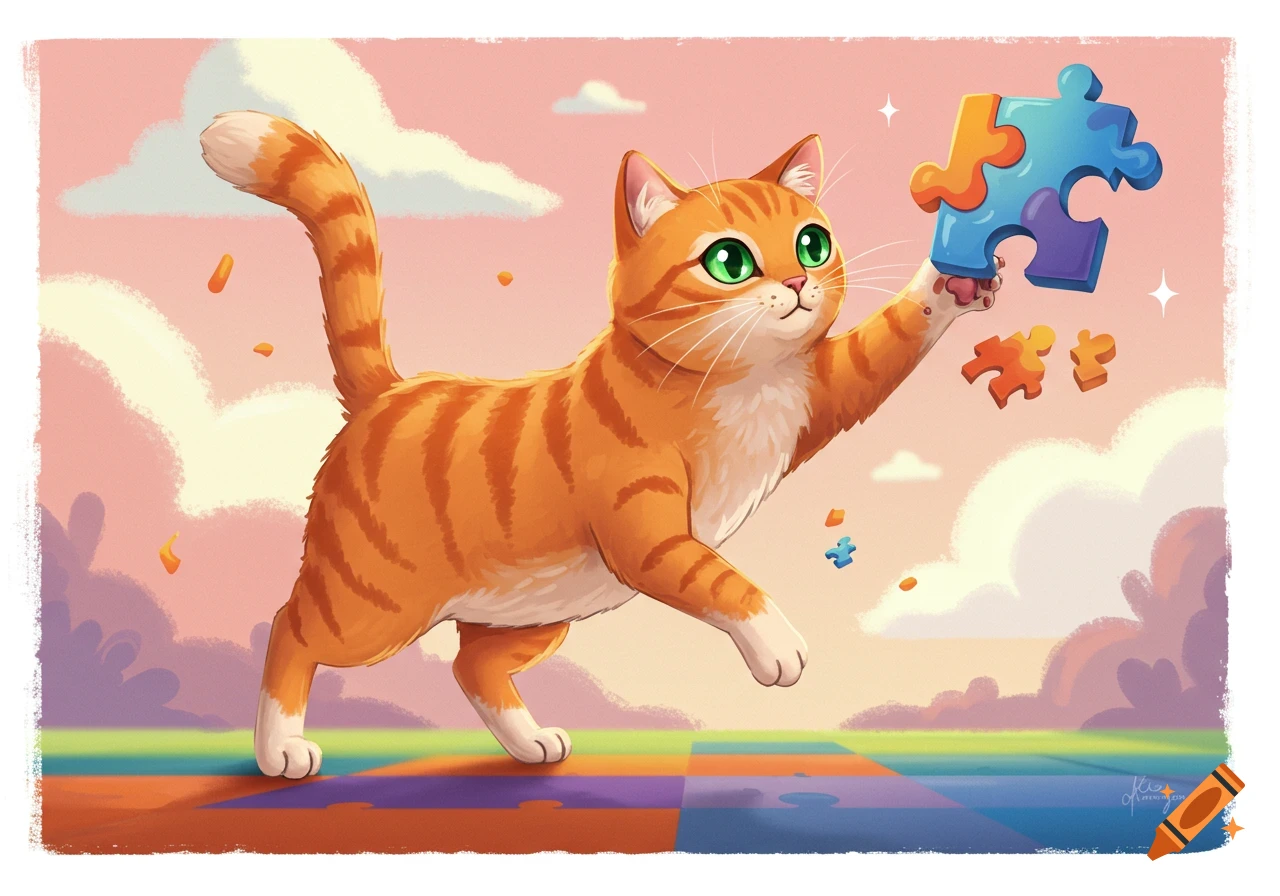 A cute orange tabby cat, in a cartoon style, holds a large blue and orange puzzle piece under a pastel sky.