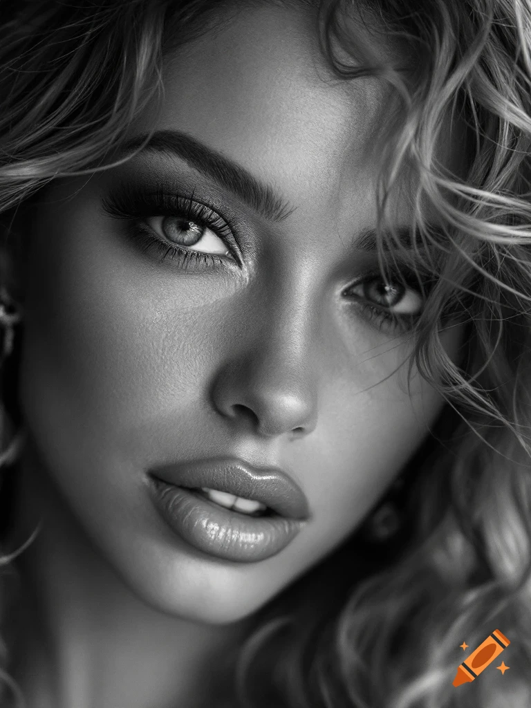 Close-up black and white hyper-realistic portrait of a woman with curly hair, long eyelashes, and full lips.