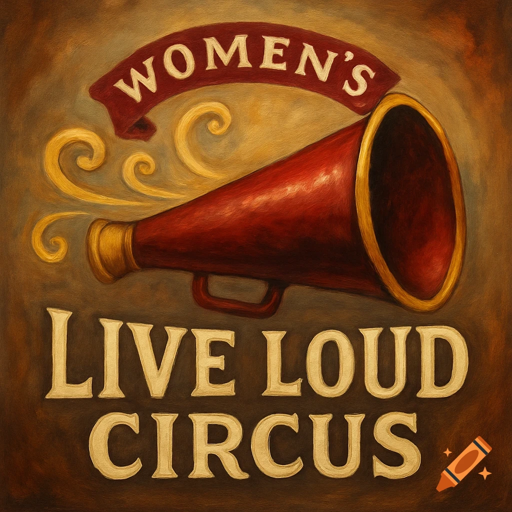 Vintage-style logo for 'Women's Live Loud Circus' with a red megaphone and golden accents, rendered with a painterly texture.